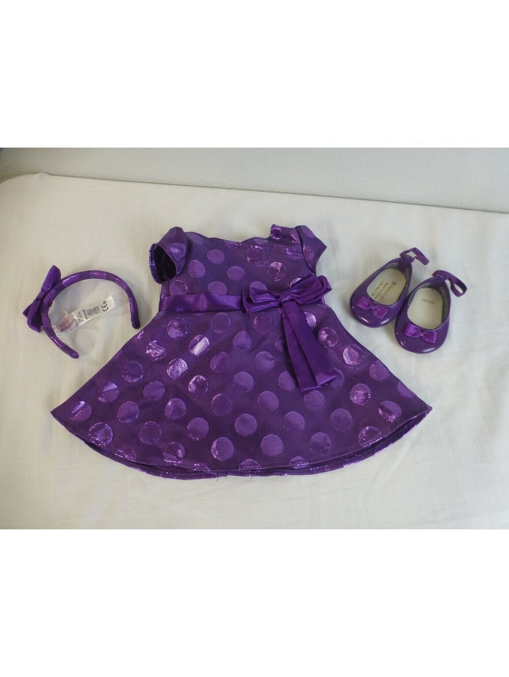 American Girl Bitty Baby Doll Purple Polka Dot Dress Outfit Shoes Headband D14